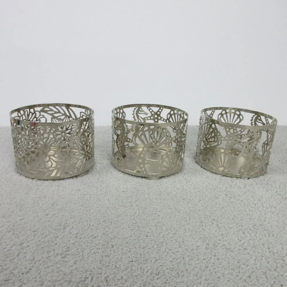 Williams-Sonoma Metal 3-Wick Candle Holders Set 3 Silver Cutout Sea Floral